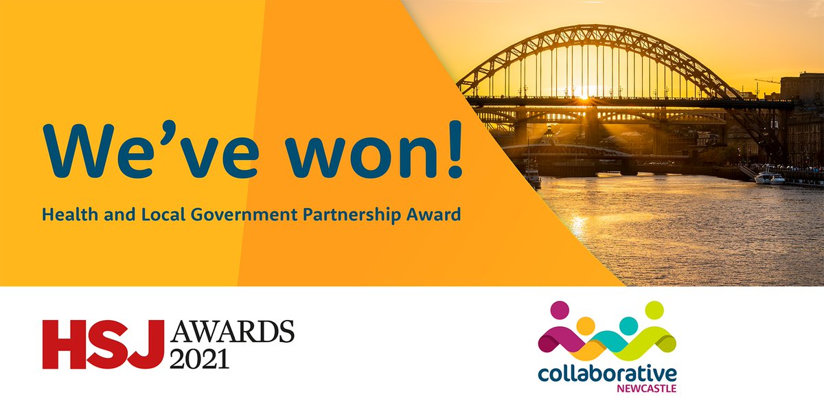 CollabNewcastle's tweet photo. 📢🥳We're proud winners of the Health and Local Government Partnership Award at the 2021 #HSJawards. Huge thank you to everyone involved in Collaborative Newcastle. 👏 #teamwork 

https://t.co/aJgKRuyYsz https://t.co/gfX5HPr7zM