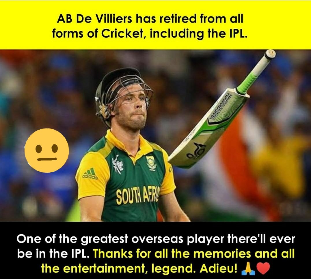 yashnarad14's tweet photo. Day - 19
@ABdeVilliers17
No god noo plzz noo !!
😭😭😐
Aur 2-4 saal khel leta bhaii 😭😭
#abd #cricketsouthafrica #SouthAfrica #rcb #retirement #era #CricketTwitter #Cricket #abdelivers #ABDevilliers https://t.co/NcQUDkXCLw
