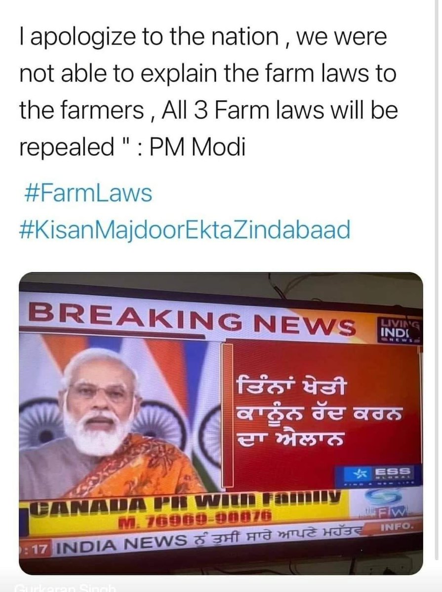 param_malhotra's tweet photo. All #politics because #elections are coming . Nothing related to #farmers .. Our Indian Govt is corrupt ... #pmmodi #bjp #FarmersProtest #indianlaws #Farmlawsrepealed #KisanMajdoorEktaZindabaad #MasterStroke #कृषि_कानून #NarendraModi #wellplayed https://t.co/oEuCfQYqRE