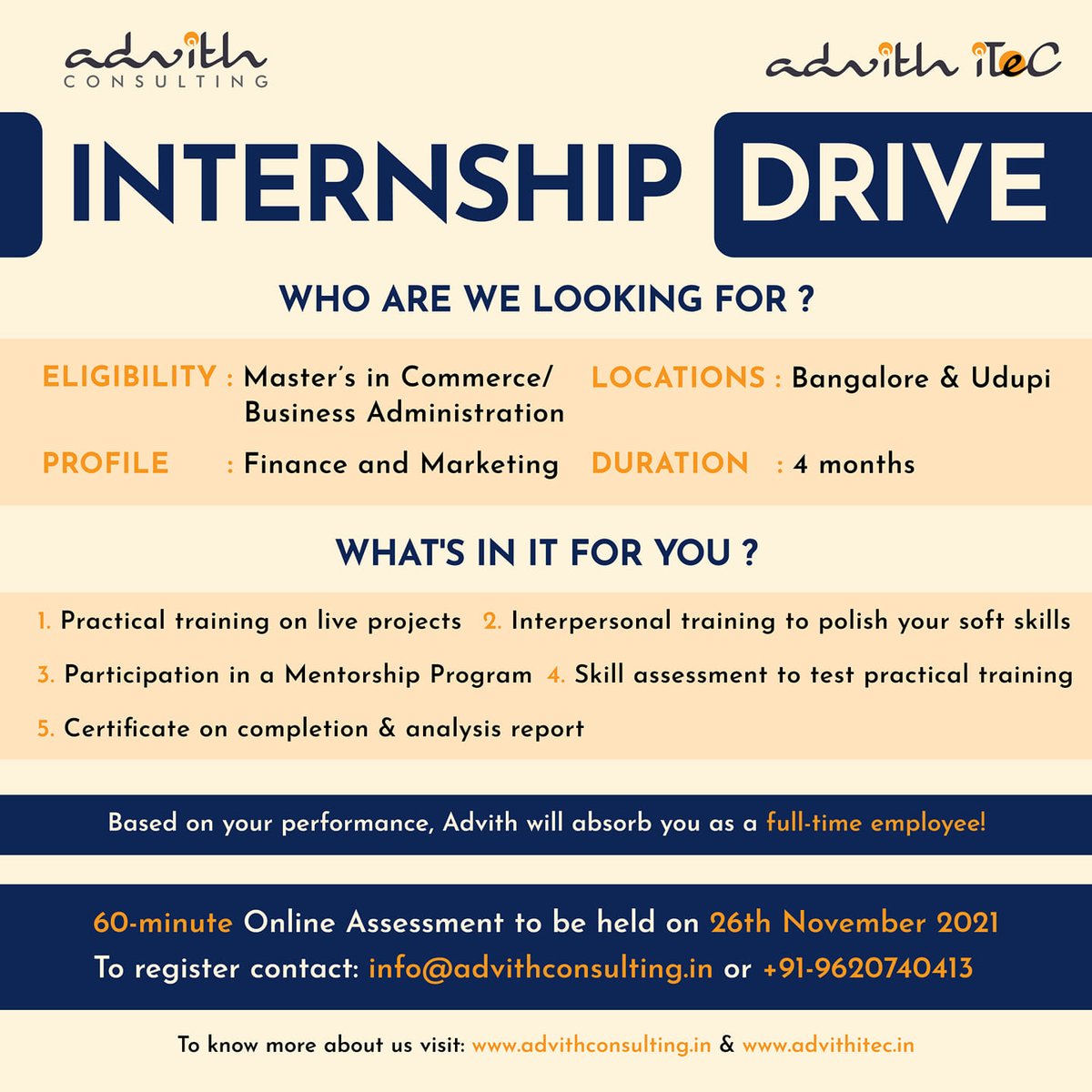 advith_consult's tweet photo. We  are conducting an #Internship drive for #MCom and #MBA graduates residing in Udupi-Mangalore. Those graduated in 2020 or 2021 in the stream for #Finance and #Marketing can apply for this.

https://t.co/Do36zPkjqs https://t.co/r7K5sXzhV8
