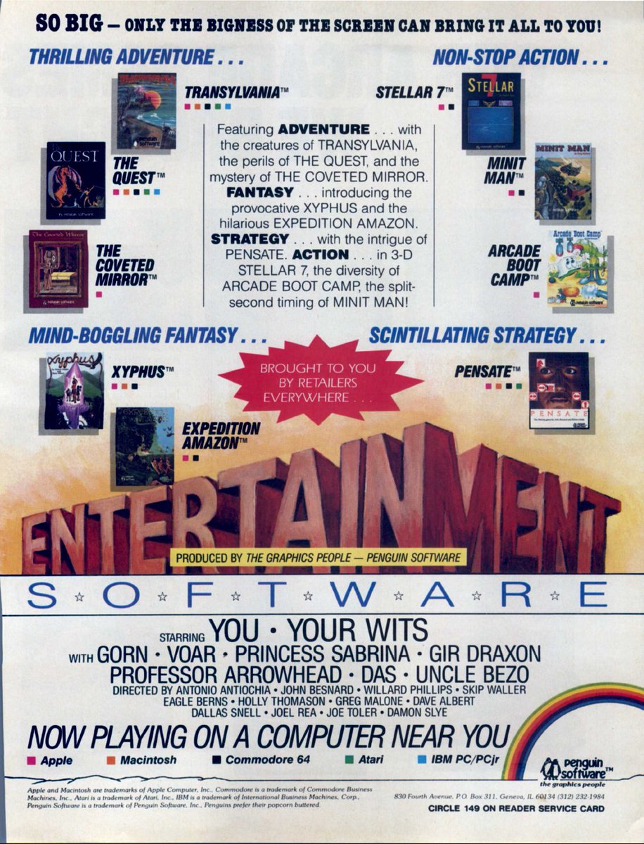 TakodanTweets's tweet image. 1985 ad by #PenguinSoftware and loads of their titles on #Apple #Macintosh #Commodore #C64 #Atari and #IBM #PC