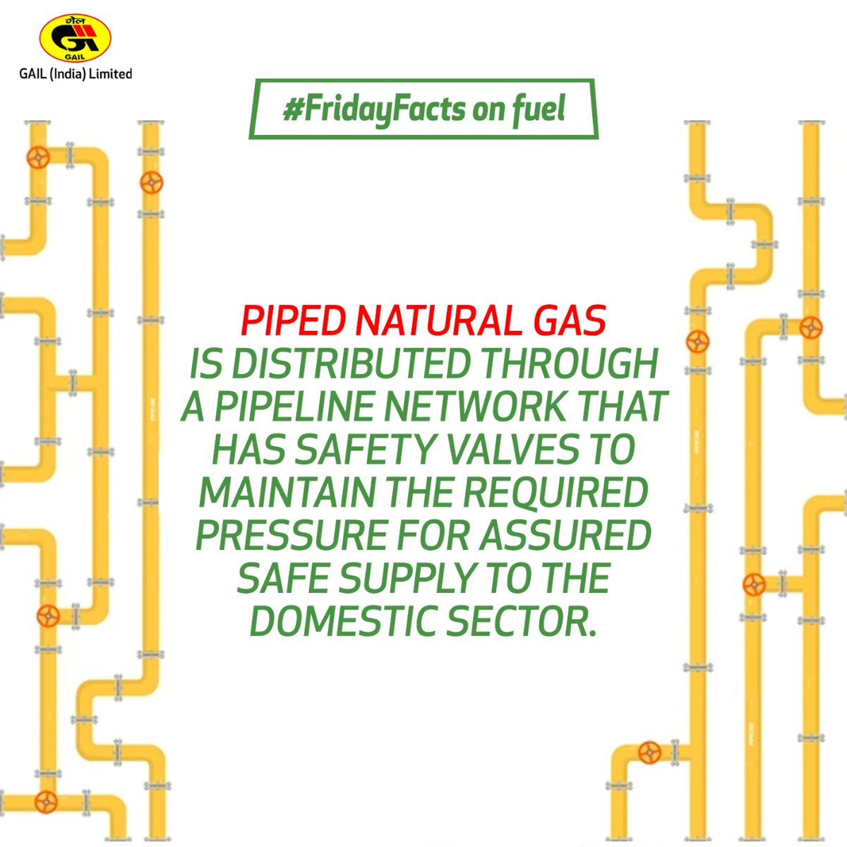 gailindia's tweet photo. Piped Natural Gas is distributed through a pipeline network that has safety valves to maintain pressure for assured safe supply to the domestic sector. #FridayFactsonFuel #EnergizingPossibilities https://t.co/5nyFEGGepe