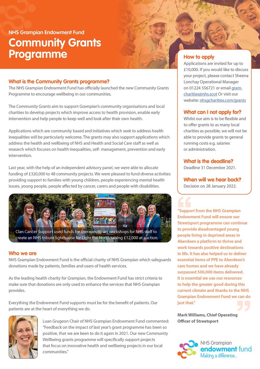 Delighted to launch our new Community Grants programme to support the health and wellbeing of our Grampian community. For further details please do not hesitate to get in touch.💙 #health #wellbeing <a href="/NHSGrampian/">NHS Grampian</a> <a href="/HSCMoray/">HSCMoray</a> <a href="/HSCPshire/">Aberdeenshire HSCP</a> @Aberdeen_ACVO <a href="/luangrugeon/">Luan Grugeon</a> <a href="/LonchaySheena/">Sheena Lonchay</a>