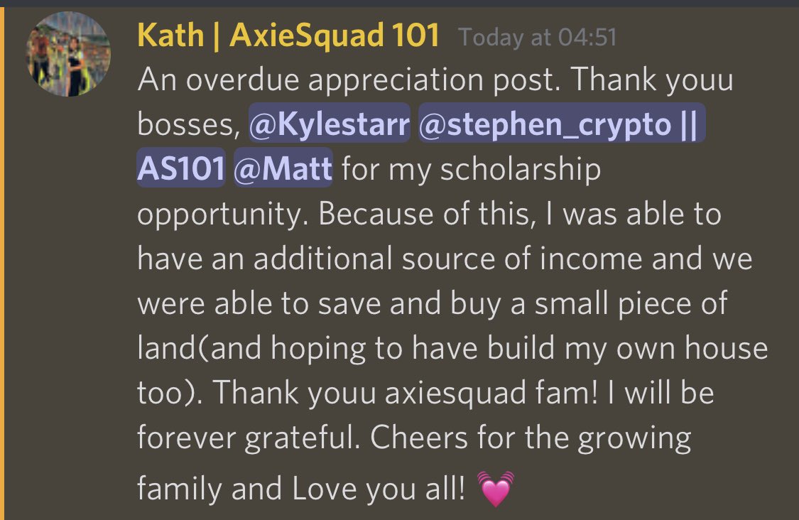 AxieSquad_101's tweet photo. GM to our beautiful followers! Today we woke up to this message on our appreciation post page.

Nothing makes us happier than seeing our family members succeeding in life! Thank you @AxieInfinity we are forever grateful! ❤️❤️

#AxieScholarships #AxieInfinityScholar https://t.co/NDbw8wAtSX