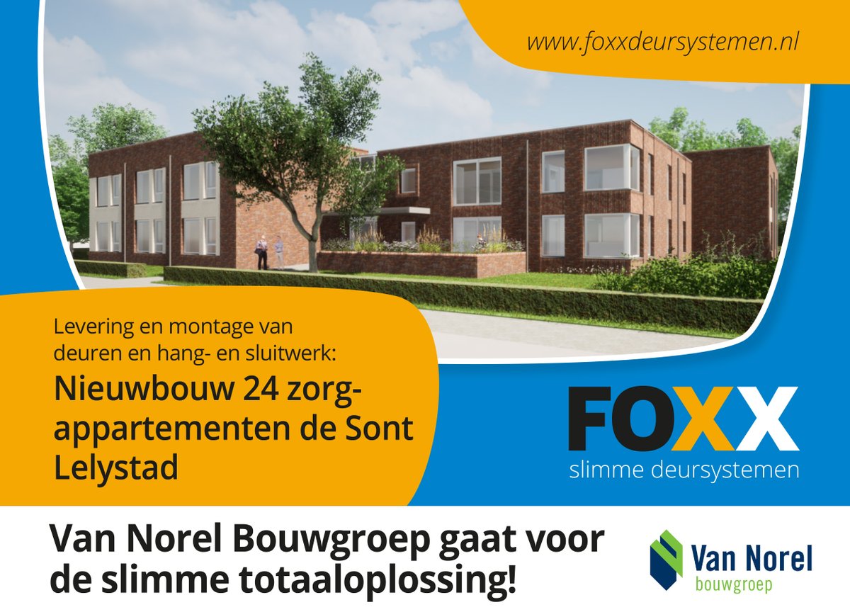 Voor het project: Nieuwbouw 24 zorgappartementen Triade Vitree de Sont in #Lelystad gaat <a href="/vannorelbouw/">Van Norel Bouwgroep</a> voor de slimste oplossing: de levering en montage van deuren en hang- en sluitwerk via Foxx!
#slim #totaaloplossing #deuren #hangensluitwerk