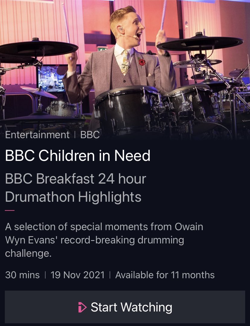 Highlights of <a href="/OwainWynEvans/">Owain Wyn Evans</a> 24 hour #drumathon are now on the  <a href="/BBCiPlayer/">BBC iPlayer</a> - 37 minutes of pure joy to kick start your weekend. Donation lines are still open so you can still support if able to. Thank you. We hope you enjoy it.
#drumathon #BBCChildreninNeed #thistimelastweek