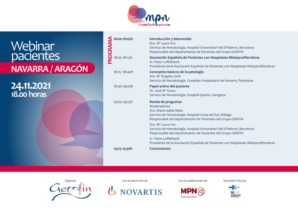 Ya tenemos muy cerca la segunda edición de las Reuniones de pacientes GEMFIN. Esta vez nos centramos en la zona de Aragón-Navarra. Te dejamos el programa científico y te animamos a participar registrándote en: webinar-pacientes-gemfin.mfar.online/registro/
<a href="/sehh_es/">@sehh_es</a> @MpnspainE