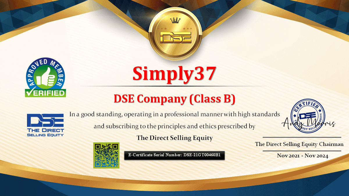 DSellingequity's tweet photo. Simply37 is Listed now on the DirectSellingEquity Directory at https://t.co/u7HRpPNczd
Certificate valid for 3 Years 👍
Congratulations
@Simply37
.
.
.
#simply #simply37 #Networkers #Affiliates #Distributors #Entrepreneurs #DSE #DirectSellingEquity https://t.co/iR5LpLZfds
