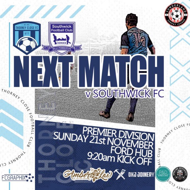 𝐒𝐒𝐋 𝐏𝐫𝐞𝐦𝐢𝐞𝐫 𝐃𝐢𝐯𝐢𝐬𝐨𝐧 𝟐𝟎𝟐𝟏/𝟐𝟐

𝙉𝙚𝙭𝙩 𝙐𝙥: <a href="/SouthwickFC1/">Southwick FC</a> 

📆 Sunday 21st November 
🏆 <a href="/SunderlandSL/">SunderlandSunLeague</a> 
🏟 Ford Hub | SR4 0HB 
⏰ 09:20

#UTT