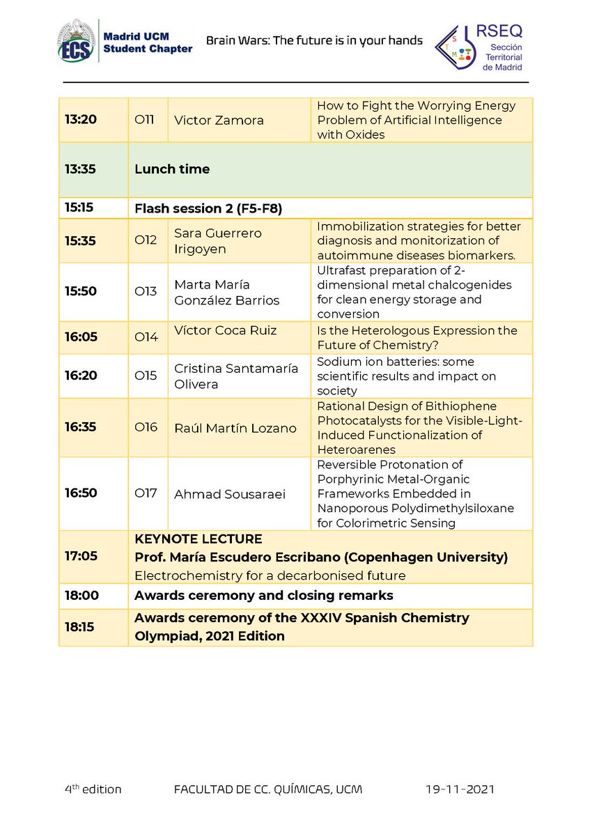 RSEQ_STMadrid's tweet image. ¡Ha llegado el día! Comienza la IV edición del concurso de Divulgación científica &quot;Brain Wars: the future is in your hands&quot;.🧠⚔️
Se puede seguir en directo desde el canal de YouTube de @RSEQUIMICA youtube.com/c/RealSociedad…

@ucm_ecs_chapter @quimicasUCM @MariaEscEsc 

Programa 👇