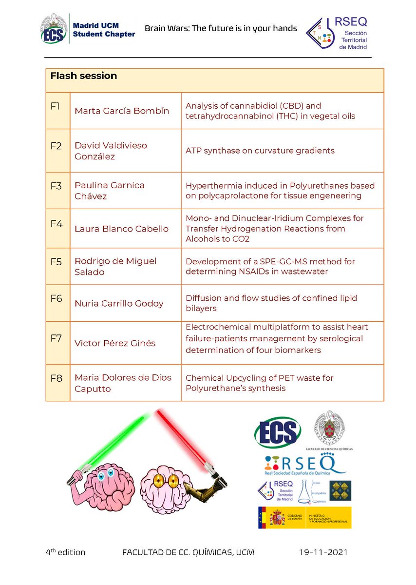 RSEQ_STMadrid's tweet image. ¡Ha llegado el día! Comienza la IV edición del concurso de Divulgación científica &quot;Brain Wars: the future is in your hands&quot;.🧠⚔️
Se puede seguir en directo desde el canal de YouTube de @RSEQUIMICA youtube.com/c/RealSociedad…

@ucm_ecs_chapter @quimicasUCM @MariaEscEsc 

Programa 👇