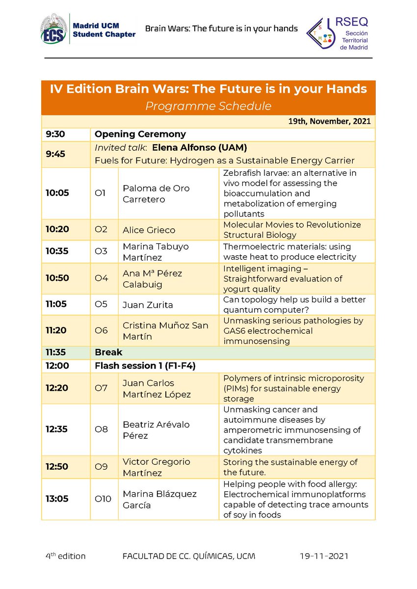 RSEQ_STMadrid's tweet image. ¡Ha llegado el día! Comienza la IV edición del concurso de Divulgación científica &quot;Brain Wars: the future is in your hands&quot;.🧠⚔️
Se puede seguir en directo desde el canal de YouTube de @RSEQUIMICA youtube.com/c/RealSociedad…

@ucm_ecs_chapter @quimicasUCM @MariaEscEsc 

Programa 👇