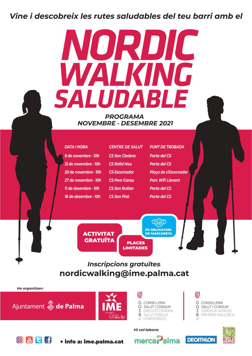 Vine i descobreix les rutes saludables 🚶‍♂️🚶‍♀️del teu barri amb el #nordicwalkingsaludable de <a href="/apmallorca/">Gerència d'Atenció Primària de Mallorca</a> <a href="/SalutGOIB/">Conselleria de Salut</a> <a href="/ajuntpalma/">Ajuntament de Palma</a> <a href="/IMEPalma/">IME Palma</a> 🌈

Propera cita ⌚➡️Aquest dissabte a les 10.00 h a <a href="/CSSonCladera/">CS Son Cladera y UB Sa Indioteria</a> 

Hi col·laboren: #mercapalma <a href="/Decathlon/">Decathlon</a> #rutesaludables #gracies 👏