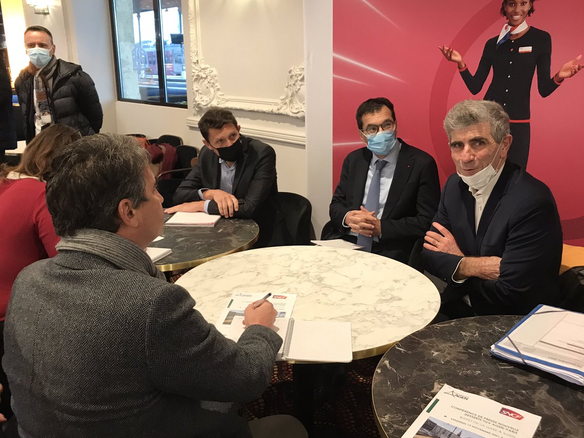 #SNCF conf de presse à agen avec <a href="/JPFarandou/">Jean-Pierre Farandou</a> et <a href="/jeandionis/">Jean Dionis</a> pour annoncer la mise en place d’un <a href="/TGVINOUI/">TGV INOUI</a> au départ d’agen à 6h pour une arrivée à Paris à 9h. Confort, rapidité, connecté, fluidité  les conditions d’un voyage reussi on vous attend🎉👏<a href="/SNCFVoyageurs/">SNCF Voyageurs</a> <a href="/hervelefevre7/">Hervé LEFEVRE</a>