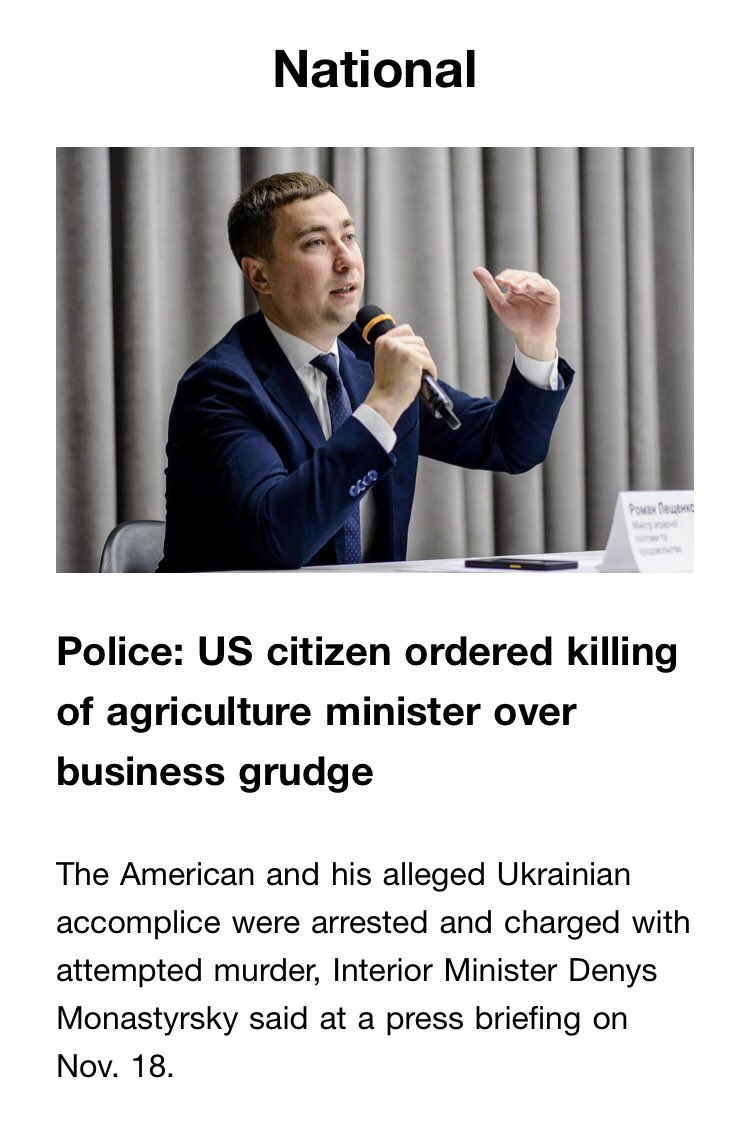 The Interior Ministry accused a US citizen of plotting an assassination attempt of Ukraine’s Agriculture Minister Roman Leschenko over a business dispute. 

Read our #UkraineDaily newsletter for more.