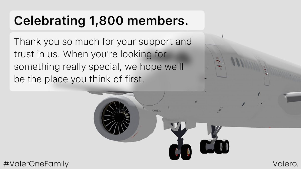 ValeroRBLX's tweet photo. Thank you so much for 1800 members. Hoping to reach higher heights with your support. We value your trust and support. 

#ThankYou #Roblox #RobloxDev #Aviation #Boeing #Valero #ValerOneFamily #roaviation https://t.co/bZ9wuVMDJ0