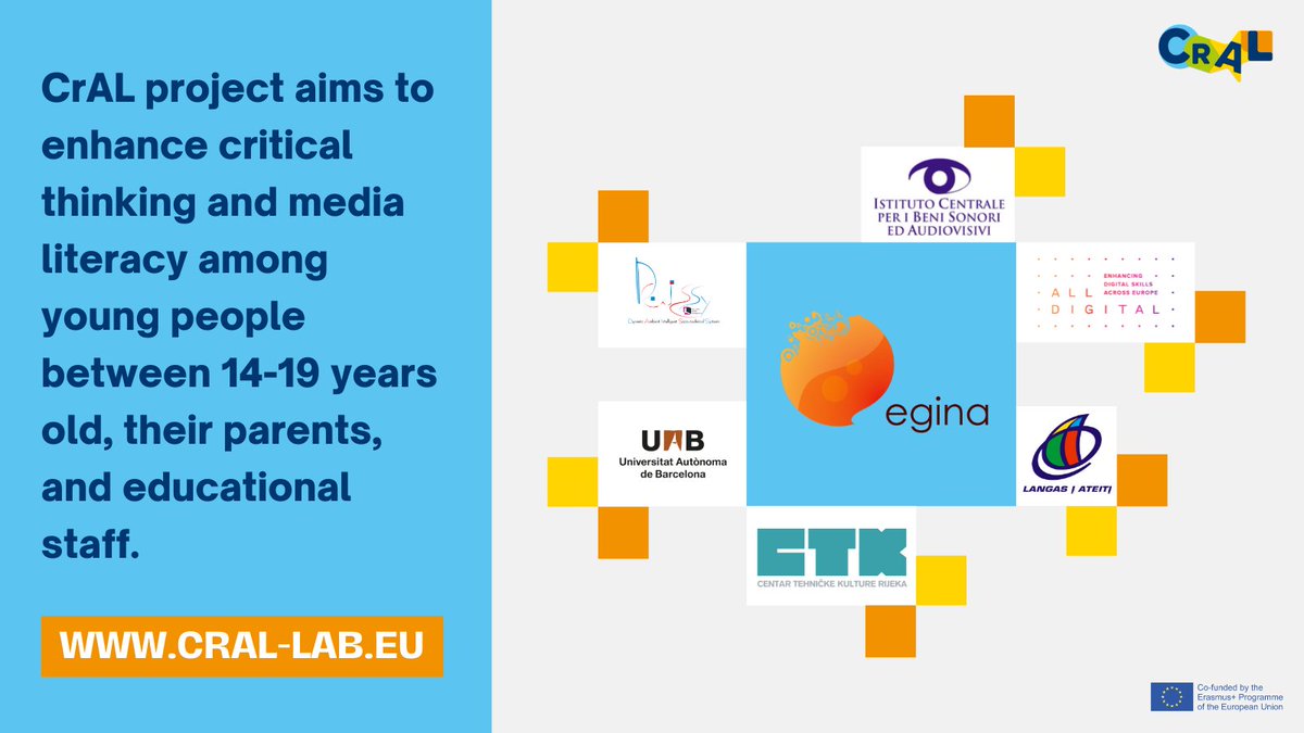 AllDigitalEU's tweet photo. #CrALProject brings together 7 partners from 🇮🇹 🇬🇷 🇭🇷 🇪🇸 🇱🇹 🇧🇪.
Together we will design a methodology for media literacy training, train the teachers on how to use it and implement it with students. Learn more about the project at https://t.co/zLiV9ERiwK. #ErasmusPlus https://t.co/JyNQrn57xq