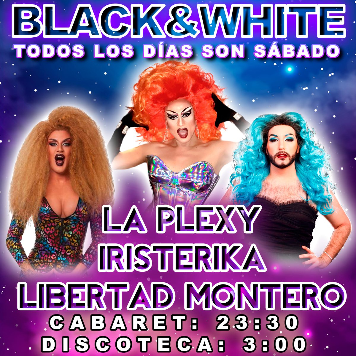 BlackWhiteMadr1's tweet photo. VIERNES SUPER CAÑERO con @laplexy @iristerika_delosnervios &amp; @libertadmontero Ven a reírte sin parar a las 23,30h!! Y luego baila con los temazos que nos pondrá  @xemalakrin. 🌈 #chueca #madrid #españa #drag #disco #dj #discogay #genteguapa #lgtbi #gaydisco #laplexy https://t.co/gMef8IY7QR