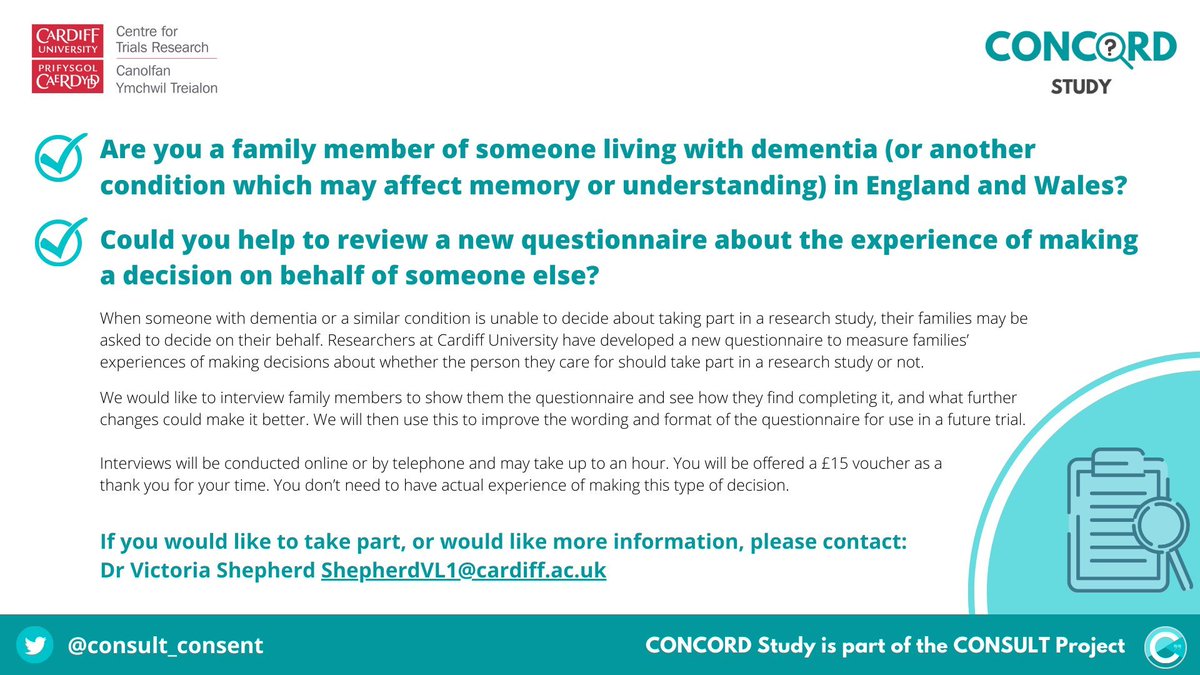 consult_consent's tweet photo. If you are a family member of someone living with dementia (or other condition which may affect memory/understanding) CONCORD Study would like your help to review a questionnaire about making a decision about research. Involves a short interview via Zoom. Contact details below ⬇️ https://t.co/pghfw0h0pt