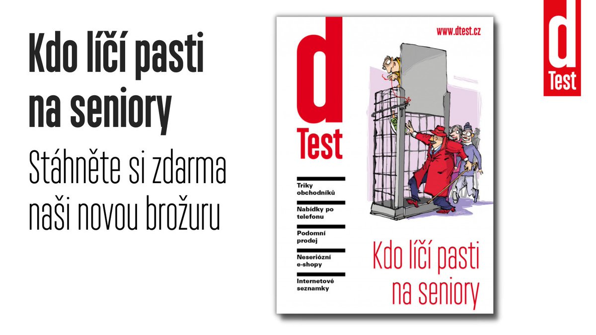 CasopisdTest's tweet photo. Právě jsme do světa vypustili novou brožuru ke stažení zdarma "Kdo líčí pasti na seniory" https://t.co/F38w5ZbgDk. Upozorňujeme na triky obchodníků, nabídky po telefonu, podomní prodej, ale i neseriózní e-shopy.

#dtest #objektivne #nezavisle #bezreklam #spotrebitelskaorganizace https://t.co/c1qv37sGil