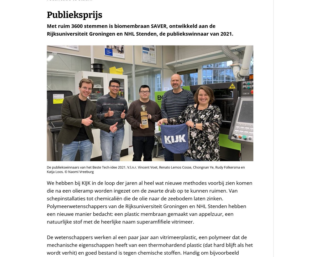 The new @KIJKredactie Magazine is out. It includes a story on our biomembrane SAVER with which we won the People's Choice Award of the best Tech-Idea. You can also read a bit at - tinyurl.com/4yrme8nj #universiteitvanhetnoorden @univgroningen @nhlstenden