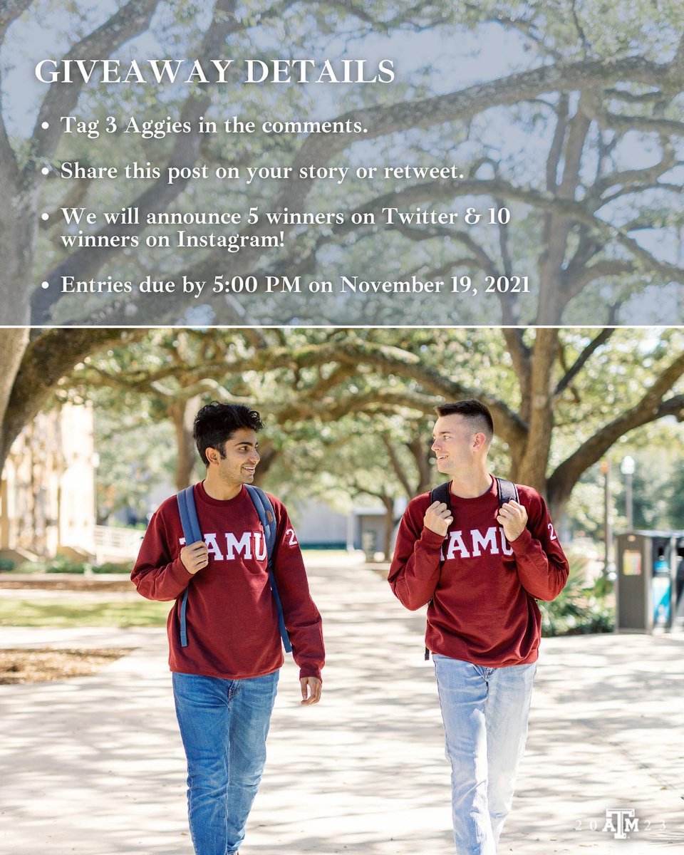TAMUClassOf23's tweet photo. Enter our giveaway for a chance to win a Class of 2023 Upperclassman Sweatshirt! 

GIVEAWAY DETAILS:
⁃Tag 3 Aggies in the comments
⁃Share this post on your story or retweet
⁃Entries due by 5:00 pm on November 19th, 2021
We will announce 10 winners on IG &amp; 5 on Twitter. https://t.co/qpdjl421c3