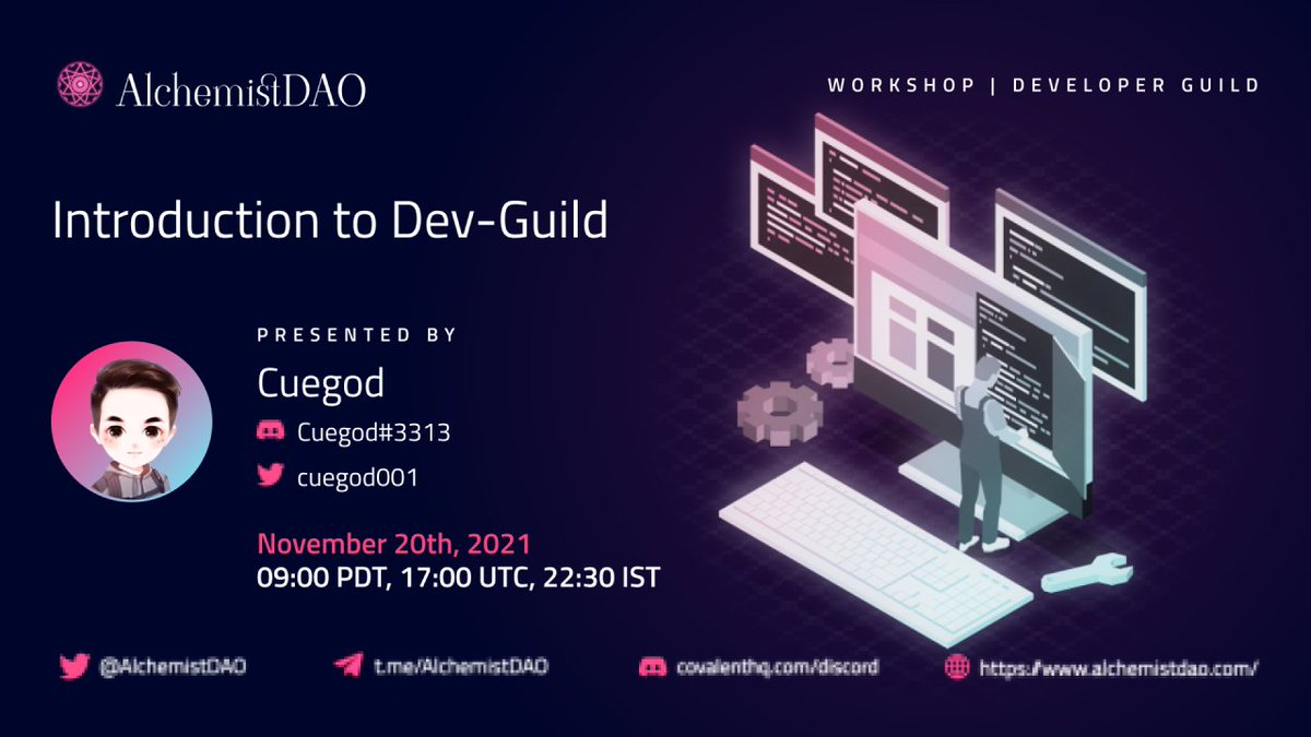 AlchemistProg's tweet photo. 💥We are announcing our first developer guild members meet-up!🤯

📣 Topic: "Introduction to Developer Guild"

👨‍💻 Presenter: Dev Captains | @cuegod001  

📅 Nov. 20th @ 9 PDT /  17 UTC

🕑 30 min. 

📲 https://t.co/mdmcSmJLdn https://t.co/76IqfNU99E