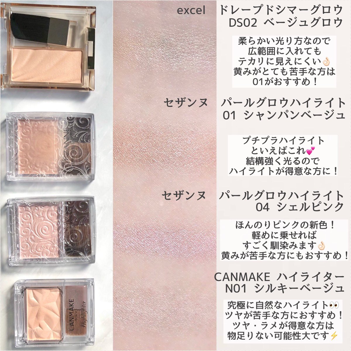 karen__iizumiii's tweet photo. 手持ちのプチプラハイライト比較💎
ハイライトは黄み青みよりもツヤとマットどちらが得意かの方が重要です！
マットが得意な方はキャンメイクのハイライターがおすすめ👌🏻
最近は広い範囲にクリオ02、特に光らせたいところにセザンヌ04を使ってほんのりピンクにするのにハマっています🥰 https://t.co/QgTr8LDGHw
