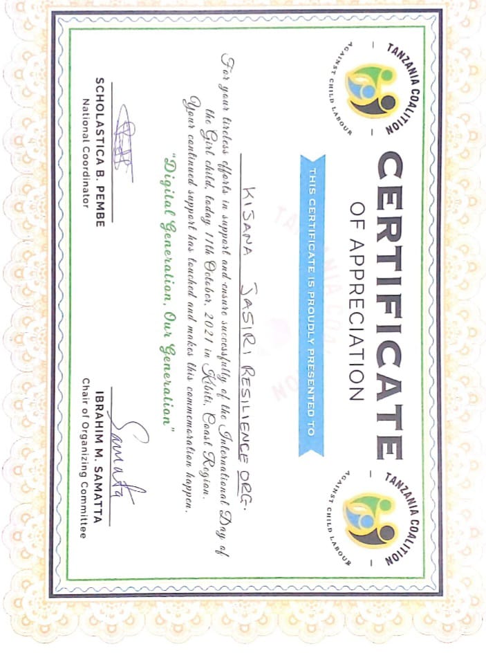Kijana Jasiri-Resilience Organization (KJRO) (@kjro_org) on Twitter photo Today Kijana Jasiri-Resilience Organization is proud to be among the list of NGOs/actors who have been awarded the certificate of appreciation by the Coalition Against Child Labour.
#Thegirlchild2021#KJRO Today Kijana Jasiri-Resilience Organization is proud to be among the list of NGOs/actors who have been awarded the certificate of appreciation by the Coalition Against Child Labour.
#Thegirlchild2021#KJRO