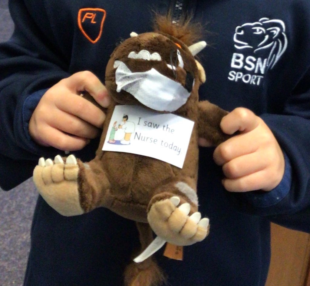BSNJSV's tweet photo. #JSVFoundation2 inspired by a ripped Gruffalo - plushie. Lots of questions arose when they made a list of things that could help him recover. A trip to nurse’s office for a full check up followed to answer all of their questions. #childinitiated #inthemoment #JSVF2 https://t.co/b2iUnctKaj