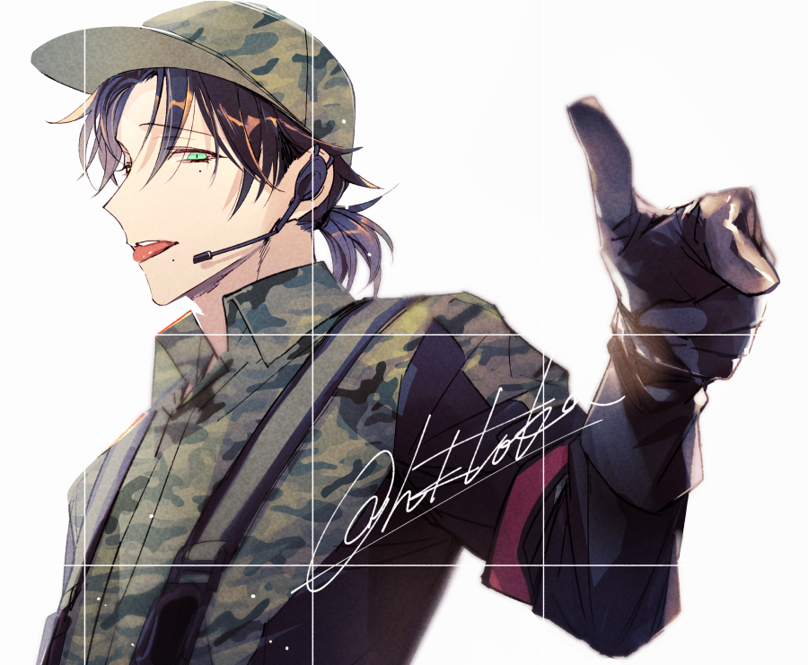 1boy male focus green eyes solo gloves camouflage hat  illustration images