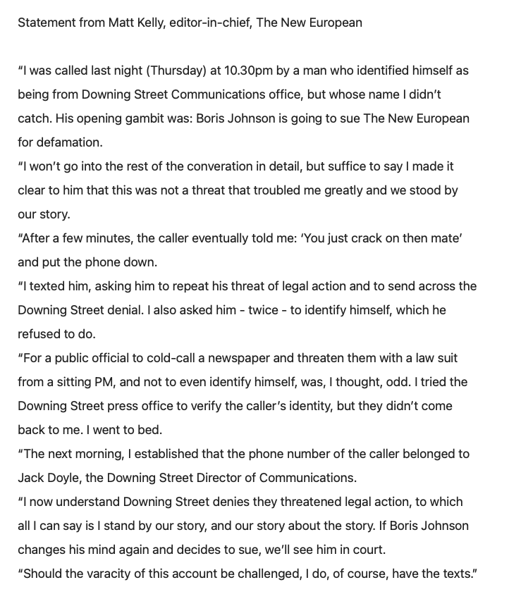 The New European - Think Without Borders (@TheNewEuropean) on Twitter photo 2021-11-19 13:23:11 Comment from Matt Kelly, editor in chief, The New European regarding #remorsegate and Boris Johnson's threat to sue the newspaper: Comment from Matt Kelly, editor in chief, The New European regarding #remorsegate and Boris Johnson's threat to sue the newspaper: