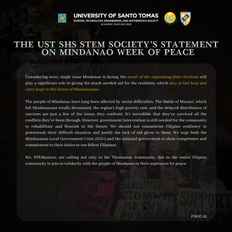 ustshsstemsoc's tweet photo. THE UST SHS STEM SOCIETY’S STATEMENT ON MINDANAO WEEK OF PEACE

By: Aileen Julian, Marielle Parcon, Earnest Penetrante &amp; Denise Langam