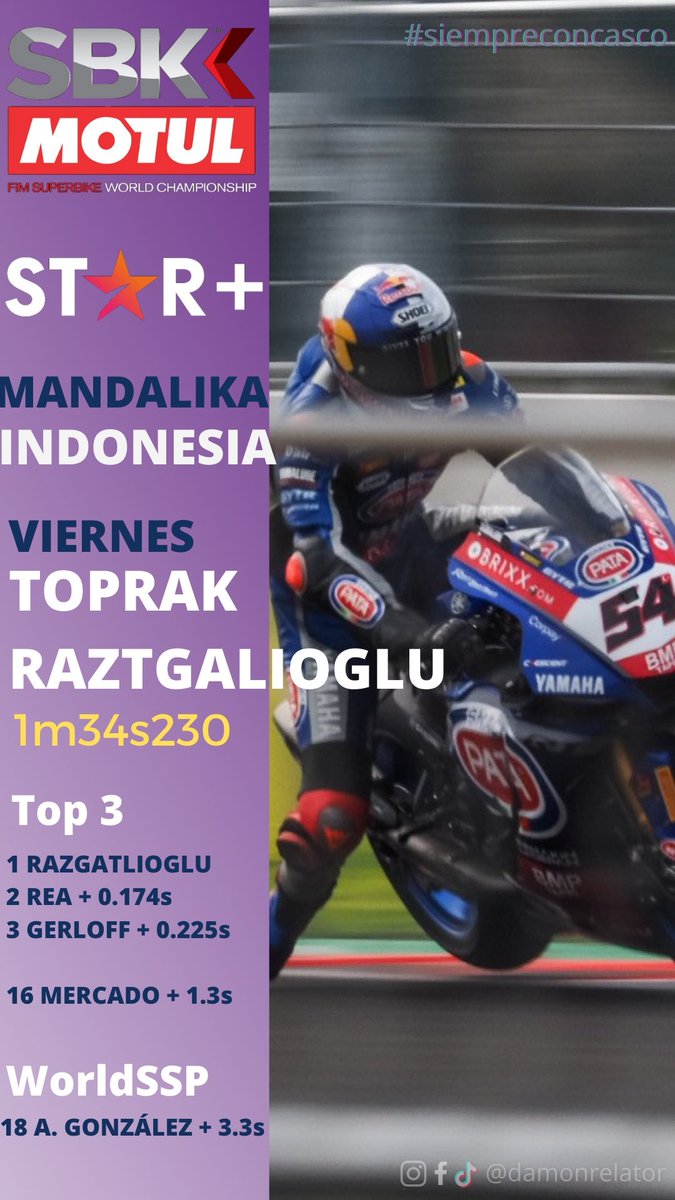 damonrelatorr's tweet photo. Arrancó la actividad #WorldSBKFinale @toprak_tr54 lideró ambas prácticas. @jonathanrea tuvo inconvenientes técnicos en FP1 y mejoró notablemente en FP2. P16 para @TatiMercado36 y P18 para @AndresGon74 en #WorldSSP Aquí van también los horarios de TV ✊ junto a @SebasPorto19 🙌 https://t.co/C9Fq4xUSL2