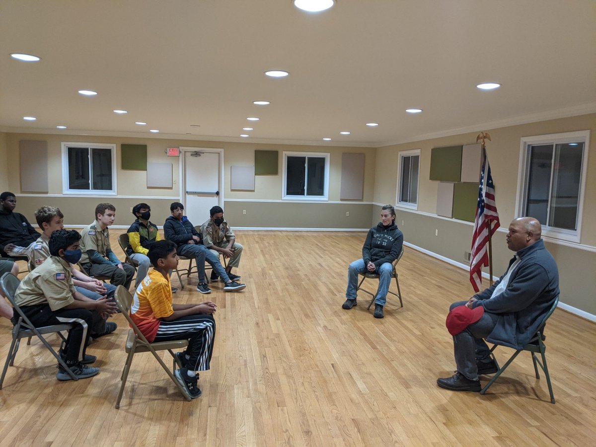 Troop470's tweet photo. On 11/17/21 during our meeting, Mr. Bard from the Frederick, MD Community Action Agency speaks to our scouts about they help our local community fight homelessness and food insecurity and how we can help. #CitizenshipInTheCommunity . @boyscouts @NCACBSA @DwntwnFrederick  @FNPnews https://t.co/l2pAStMtKy