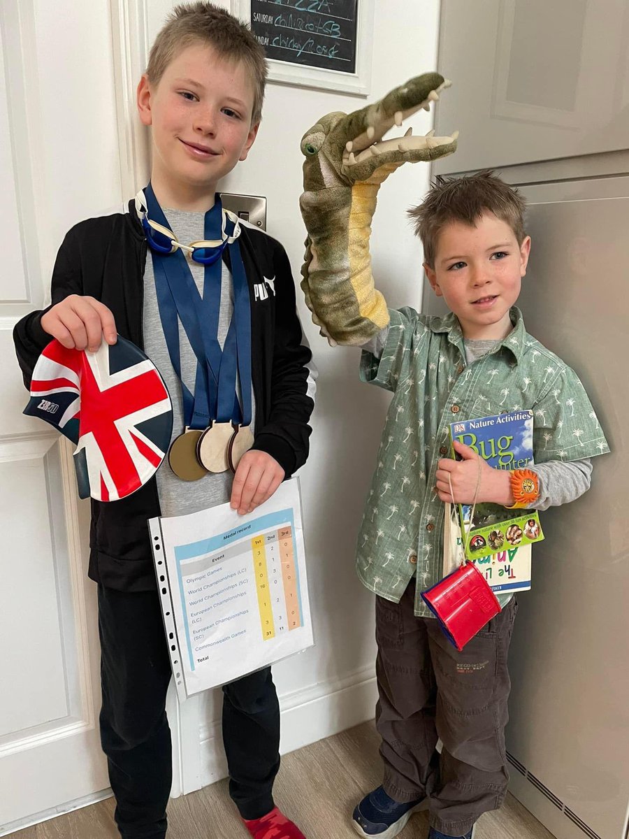 MaskellBarry's tweet photo. Super Hero day today at school for these two proud of who they wanted to go as @adam_peaty (a few more medals needed 😂) and @SteveBackshall https://t.co/axBJBp16cn