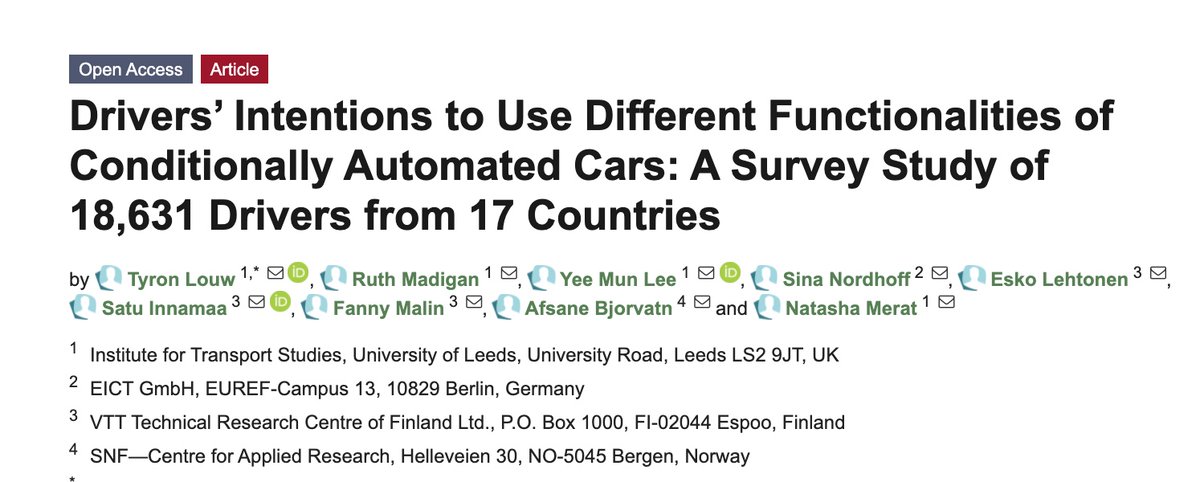 HFS_ITSLeeds's tweet photo. Fourth (!), "Drivers’ Intentions to Use Different Functionalities of Conditionally #AutomatedCars: A Survey Study of 18,631 Drivers from 17 Countries" by @DrTyronLouw @DrYeeMunLee @RuthMadigan1 @NatashaMerat and @_L3Pilot_ friends. 🎇
Full text: https://t.co/0MbhyMVO0c https://t.co/jrDLUlmI0L