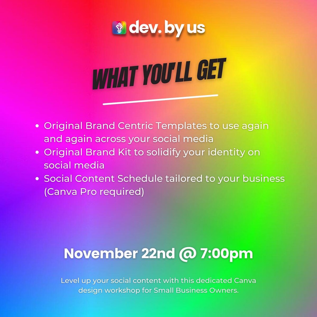 devbyus's tweet photo. WHAT YOU NEED
⚡️Access to a laptop, smartphone
⚡️Access to WIFI
⚡️Free #Canva account (sign up at https://t.co/R1wCPlJHg4)
⚡️Webcam - optional

WHAT YOU GET
⚡️Original Brand Centric Templates to use again and again across your social media
⚡️Tailored #Social Content Schedule https://t.co/rx7G09H6L0