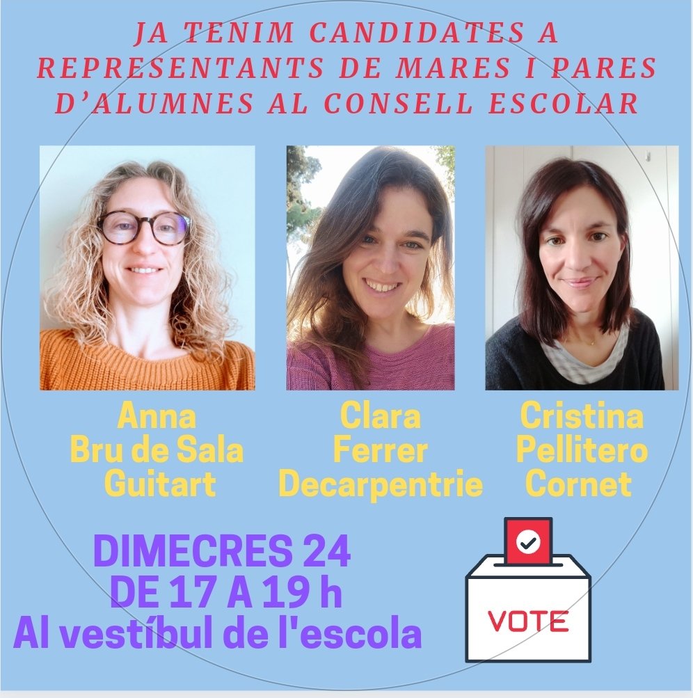 Benvolgudes famílies. Ja tenim candidates a les eleccions per a representant de mares i pares d'alumnes al *CONSELL ESCOLAR*, que es durà a terme el proper dimecres 24 de novembre, de 17 a 19 h al vestíbul de l'escola. Participeu i voteu la vostra candidata 👍🏼
<a href="/claretbarcelona/">Escola Claret Barcelona</a>