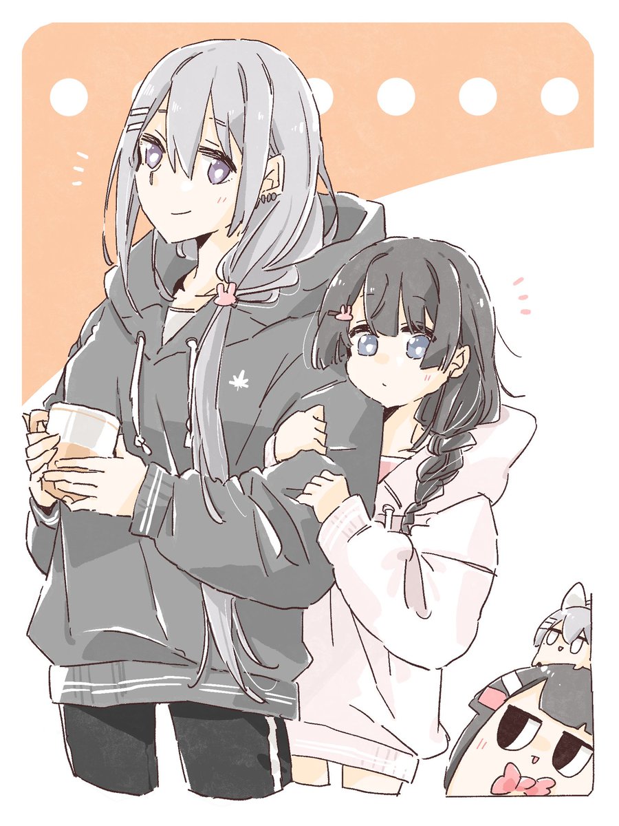 higuchi kaede ,tsukino mito multiple girls hood braid black hair hoodie grey hair long hair  illustration images