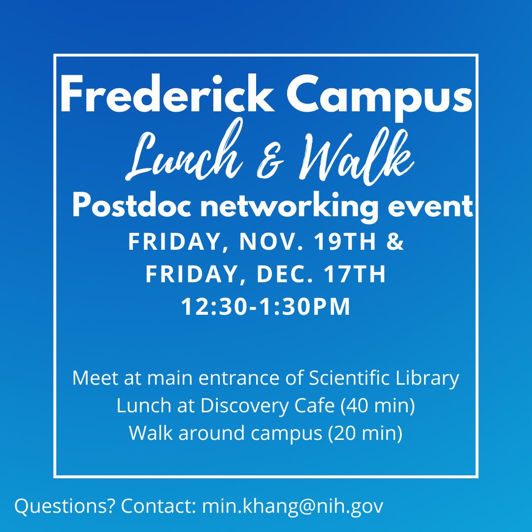 Don't miss the NCI-Frederick Postdoc Networking Event TODAY at 12:30PM! Come relax and join your peers for lunch and a walk around campus. @NCIResearchCtr ncifrederick.cancer.gov/Events/Calenda…