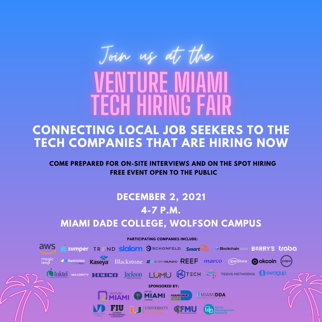 eidmiami's tweet photo. UPDATES: 
1) @Uber is providing 2 FREE $15 credits to attend w/ promo: VENTUREMIAMI
2) 28+ companies w/ 1,050+ open roles. Register here -> https://t.co/Fv1PGEYZ5I
3) @MiamiHerald coverage -> https://t.co/lBYPQW7qos

@FrancisSuarez @saif305 @Kevin_A_Ruiz https://t.co/NQUXjACOQP