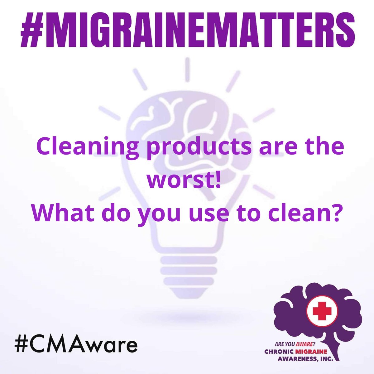 CMAware's tweet photo. #MemberQuestionOfTheDay #QOTD #MigraineMatters #CMAware #NotAlone 
 
Cleaning products are the worst! 
What do you use to clean? https://t.co/IREz7F0nGq