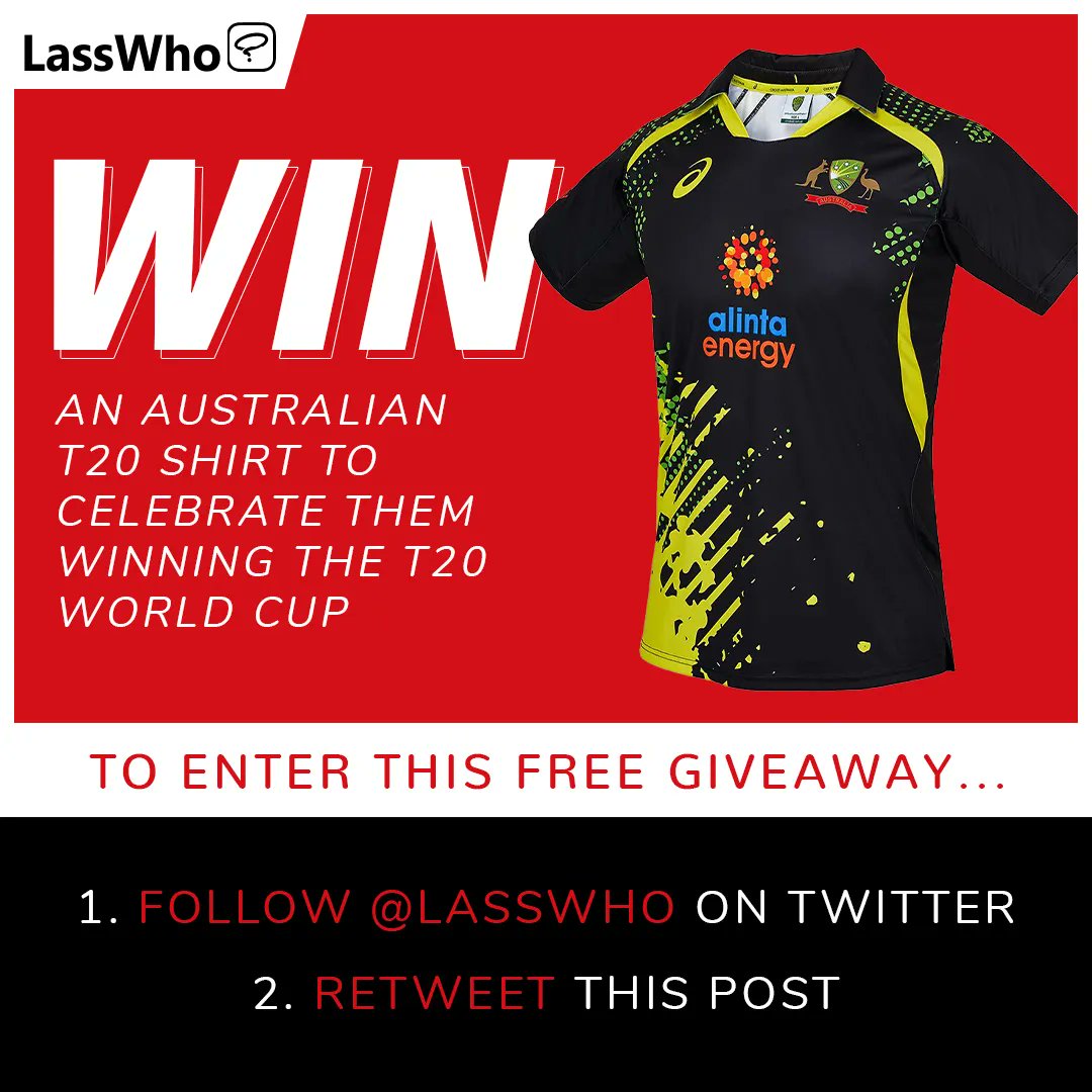 To celebrate their famous #T20WorldCup victory, we're giving away a new Australian T20 shirt! 🇦🇺🎉

To enter this free giveaway:
1️⃣ Follow us <a href="/LassWho/">LassWho</a>
2️⃣ Retweet this post

Winner announced Tuesday 23rd November 🎁

Good luck! 🏏

#LassWho #CricketTwitter