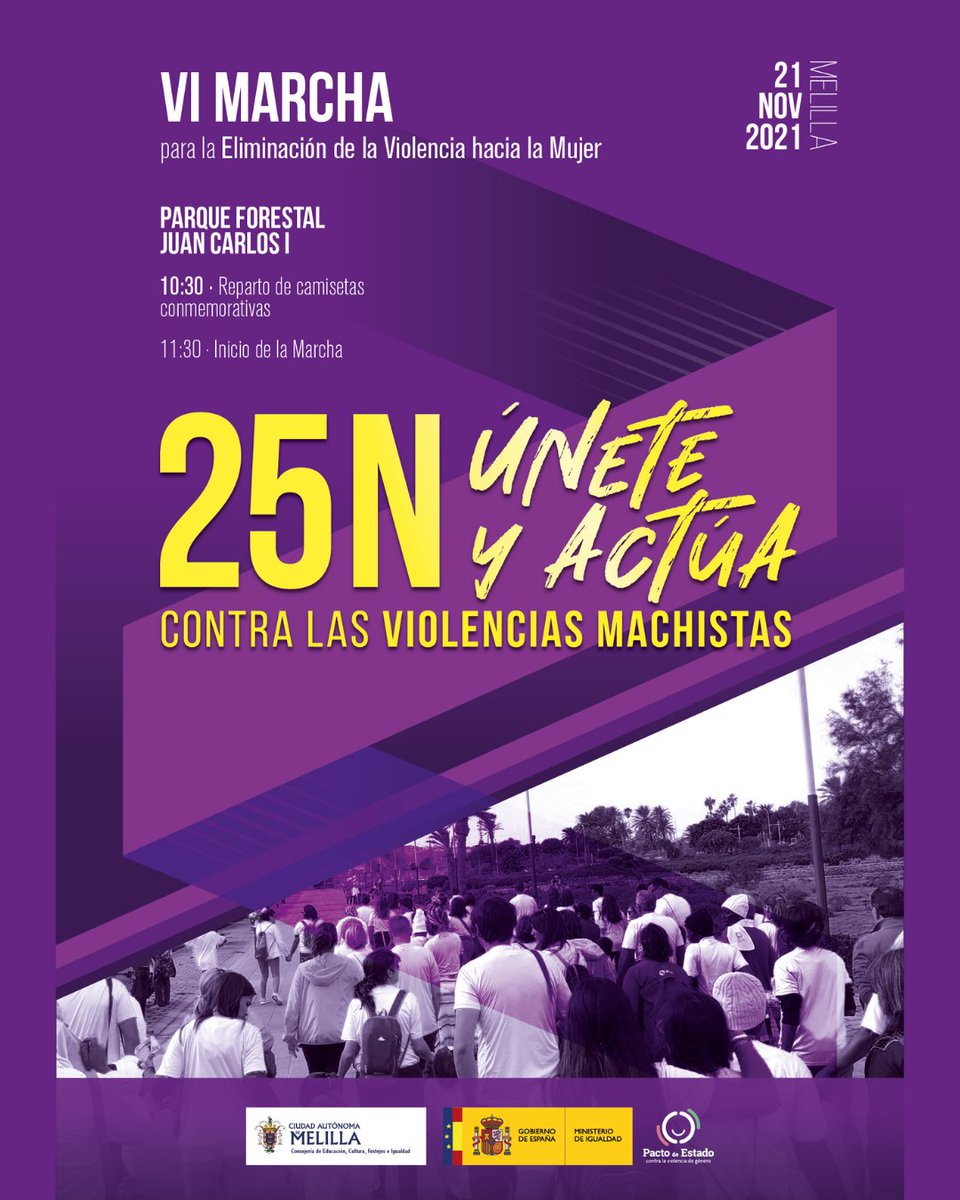 cultura_melilla's tweet photo. Este domingo 'Únete y actúa contra las violencias machistas' en la VI Marcha para la Eliminación de la Violencia hacia la Mujer.

Será en el Parque Forestal Juan Carlos I, a las 10:30h.; reparto de camisetas y a las 11:30h. inicio de la marcha.

#25N #igualdad #Melilla @l_circe https://t.co/X8kFR8R5Ym
