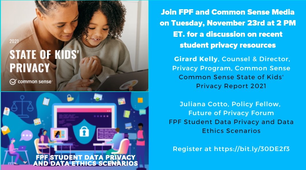 SPrivacyCompass's tweet image. Join FPF and Common Sense Media on 11/23 at 2PM ET for a discussion of the CSM State of Kid&apos;s Privacy report and FPF&apos;s Teacher scenarios for data privacy and data ethics. Register at bit.ly/30DE2f3