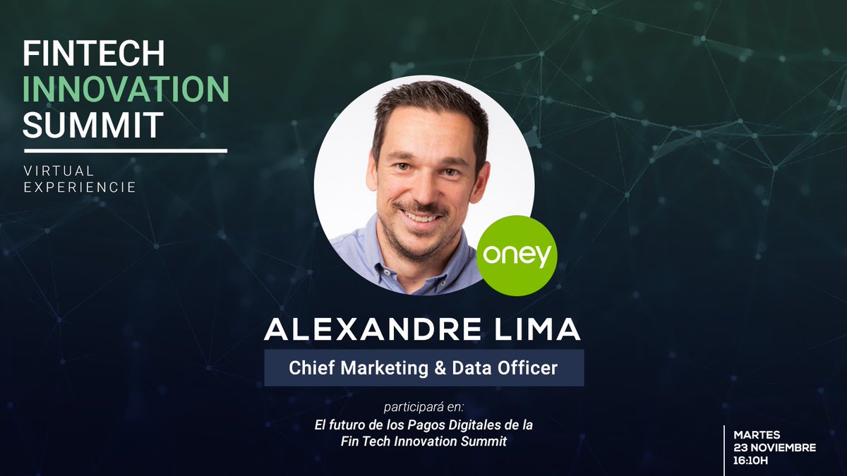 OneyEsp's tweet photo. No te pierdas mañana día #23 el panel de expertos : El futuro de los Pagos digitales de nuestro Chief Marketing &amp; Data officer, @alima_twit.  En #FinTechInnovationSummit a las 16:10 h. Apúntate al evento aquí: https://t.co/XM0ZdHwkvT https://t.co/Oh7G1EiU5e
