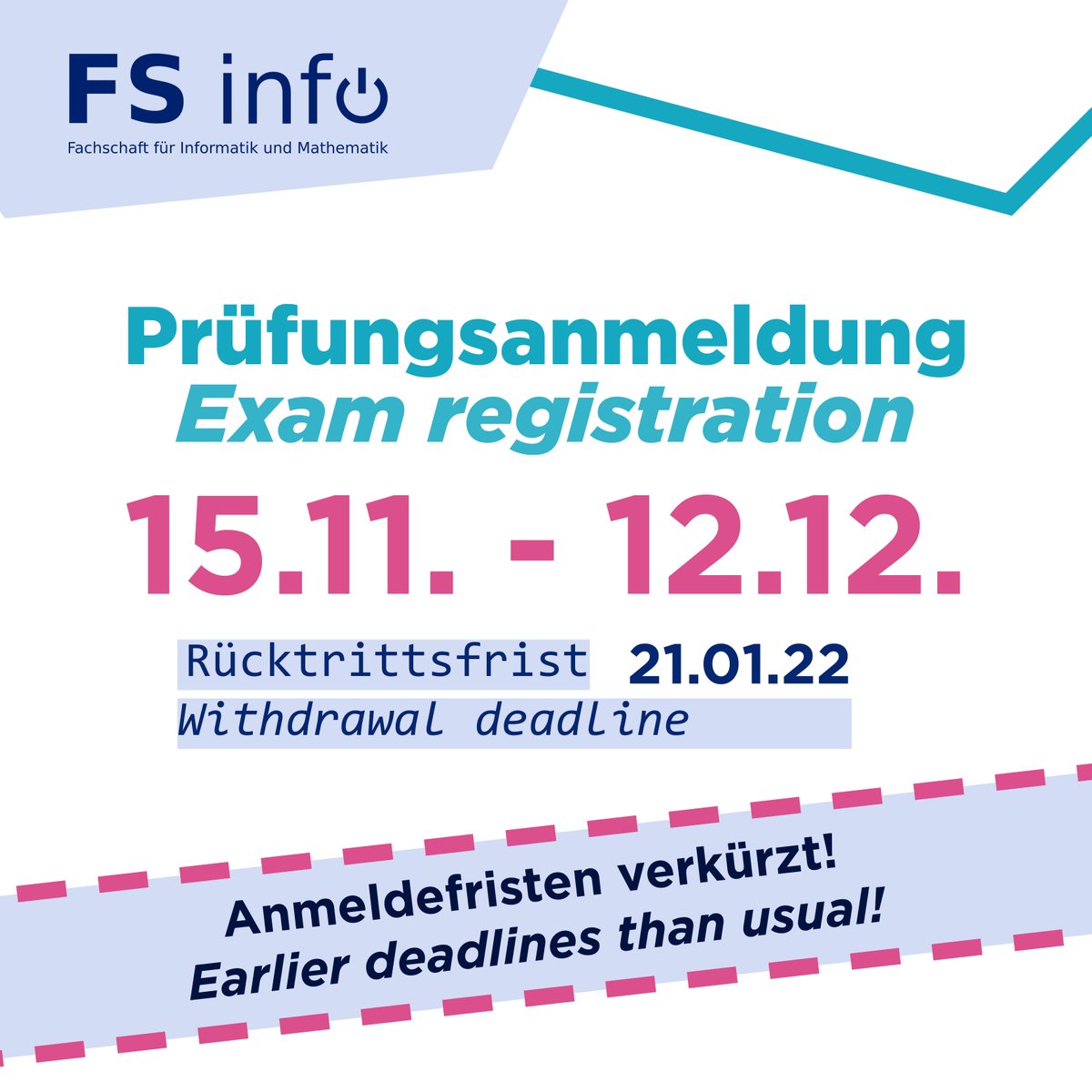 fsinfopassau's tweet photo. Die Prüfungsanmeldung läuft schon! Achtung, diesmal endet die Anmeldefrist früher am 12.12.! Die Rücktrittsfrist läuft bis zum 21.01.22.
The exam registration is running! The registration deadline is earlier than usual: 12.12. The withdrawal deadline ends on 21.01.22. https://t.co/BkBWfr8e88