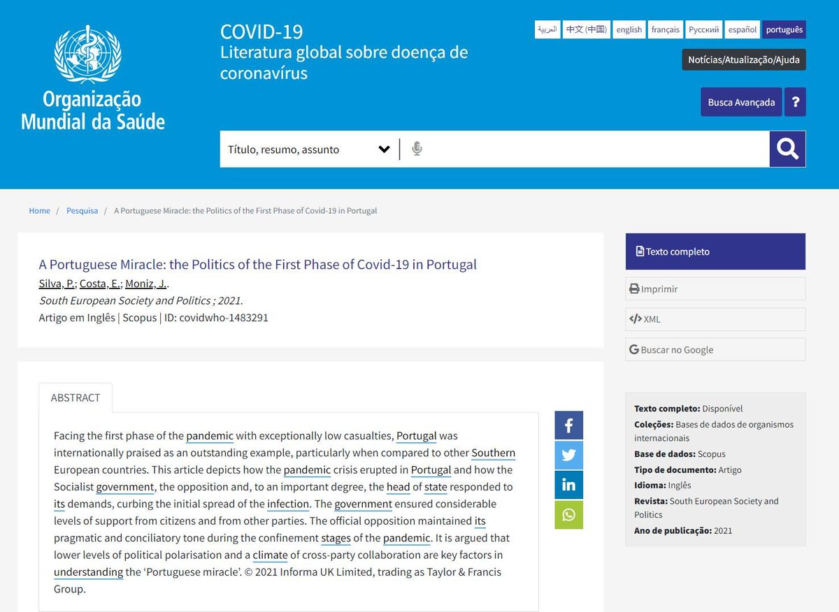 PolScience_UA's tweet photo. 📢 The article on #COVID19 in #Portugal 🇵🇹P. Silva, 
@edna_falorca &amp;  @joaomoniz811, in @sesp_j has been indexed on the @WHO website, in the global literature section!
The article is still free to download for a limited time! 👇👇
@UnivAveiro https://t.co/IzsDwrWqww