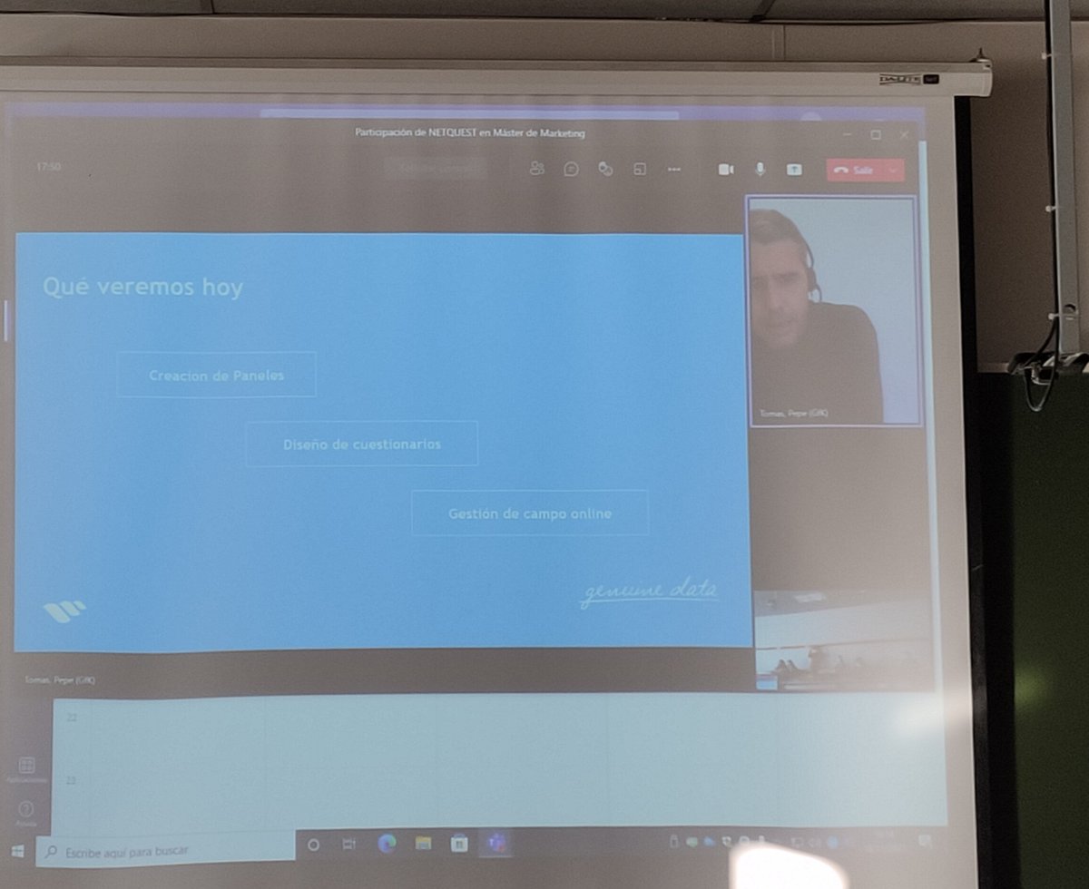 MasterMktUC's tweet photo. Gracias a Pepe Tomás y a @netquest_es por participar, vía Teams, en la formación de nuestros estudiantes de Máster @unican en el ámbito de la #investigación #online en #Marketing. https://t.co/ez7eGBNyeC